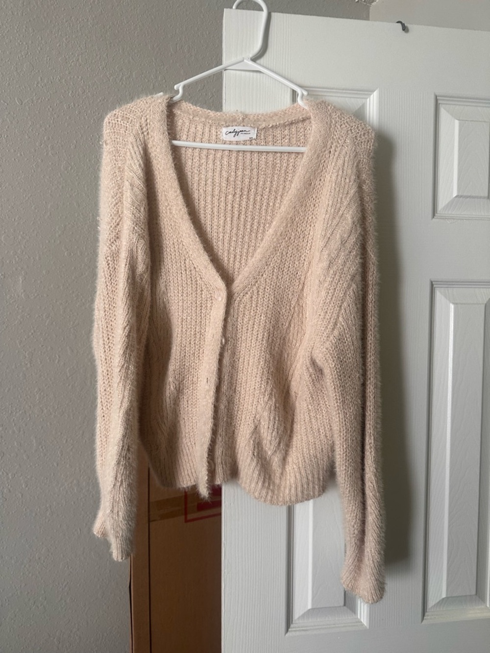 Carly Jean Los Angeles Soft Cream V-Neck Fuzzy Cardigan